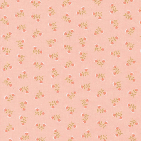 a repeating pattern of small pink flowers with green leaves on a light pink background.
