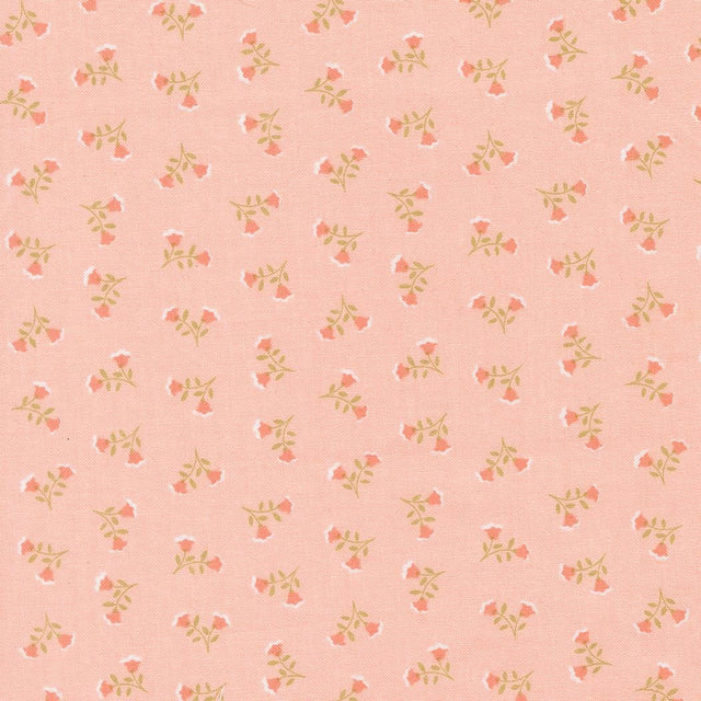 a repeating pattern of small pink flowers with green leaves on a light pink background.