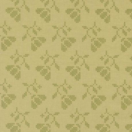 a repeating pattern of green leaf-like shapes on a beige background.
