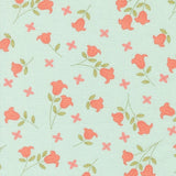 a repeating pattern of pink flowers and green leaves on a light green background.