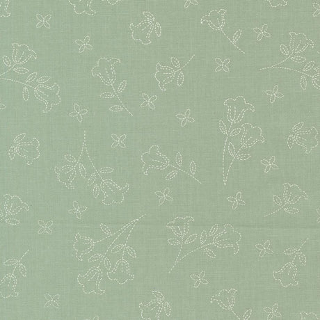 a repeating pattern of white flowers and leaves on a light green background.