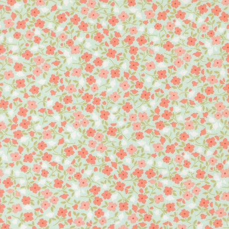 a repeating pattern of small pink and white flowers on a light green background.