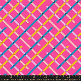a vibrant and colorful diagonal pattern composed of intersecting lines in various shades of pink, blue, yellow, and green.