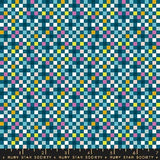 The image is a vibrant and colorful mosaic pattern composed of numerous small squares in various shades of blue, green, yellow, and pink. The pattern appears to be a repeating design, creating a visually striking and intricate visual effect.