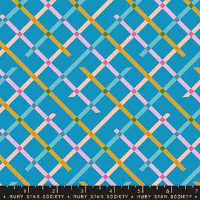 a vibrant and colorful pattern of intersecting lines in various shades of blue, yellow, and pink.
