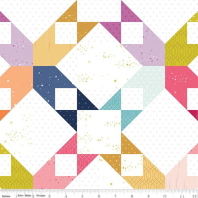 The image is a vibrant and colorful quilt pattern composed of various geometric shapes and designs, including diamonds, triangles, and squares, arranged in a visually striking and intricate manner.