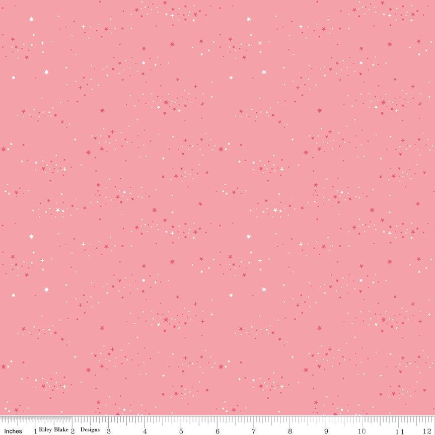 The image is a pink background with small white stars scattered across it.