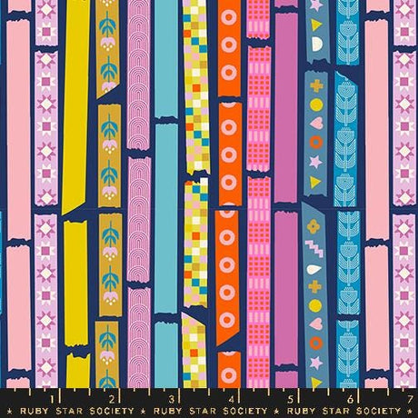 The image is a collage of various colorful and patterned fabric strips arranged in a grid-like pattern.