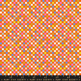 The image is a vibrant and colorful pattern composed of numerous small squares in various shades of orange, pink, yellow, and blue. The pattern appears to be a mosaic or a repeating design, creating a visually striking and dynamic composition.