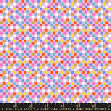 The image is a vibrant and colorful pattern composed of numerous small squares in various shades of pink, blue, yellow, and orange. The pattern appears to be a repeating design, creating a visually striking and eye-catching composition.