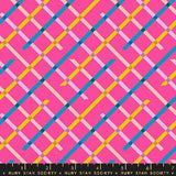 a vibrant and colorful diagonal pattern composed of intersecting lines in various shades of pink, blue, yellow, and green.