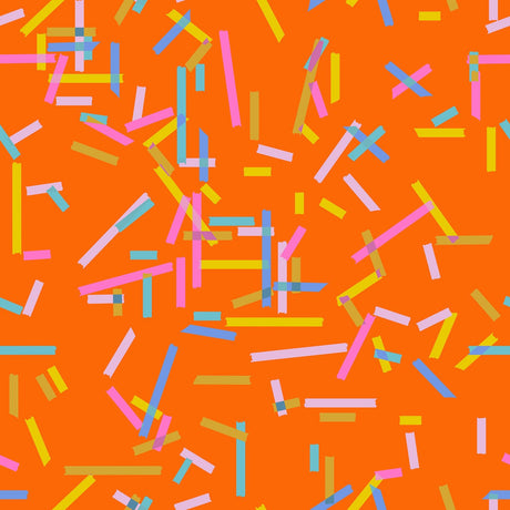 The image is a vibrant and colorful abstract pattern composed of overlapping and intersecting lines and shapes in various bright colors such as orange, pink, blue, and yellow.