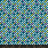 The image is a vibrant and colorful mosaic pattern composed of numerous small squares in various shades of blue, green, yellow, and pink. The pattern appears to be a repeating design, creating a visually striking and intricate visual effect.