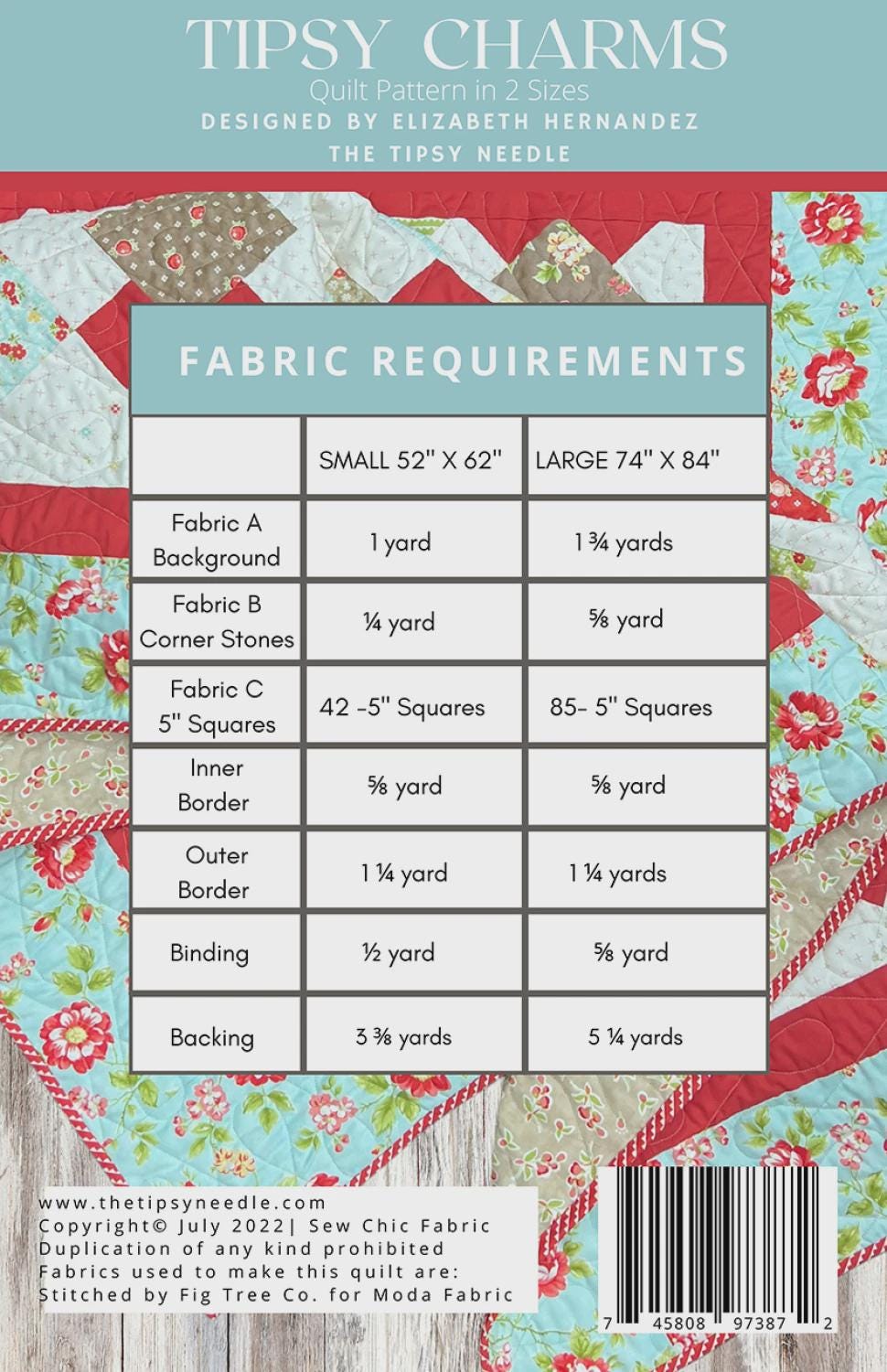 Tipsy Charms Quilt Pattern TTN-115 By Elizabeth Hernandez for The Tipsy Needle 52 x 62 and 74 x 84