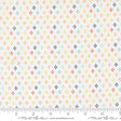 The image is a fabric with a repeating pattern of small dots in various colors, including shades of white, blue, green, yellow, and orange. The pattern is arranged in a grid-like fashion, creating a visually appealing and vibrant design.