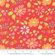 The image is a vibrant red fabric with a repeating pattern of colorful flowers and leaves. The flowers are depicted in various shades of pink, yellow, and orange, while the leaves are shown in shades of green and blue. The fabric appears to be a textile or fabric material, with a ruler visible in the bottom right corner for scale.