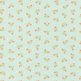 a repeating pattern of small pink flowers on a light green background.