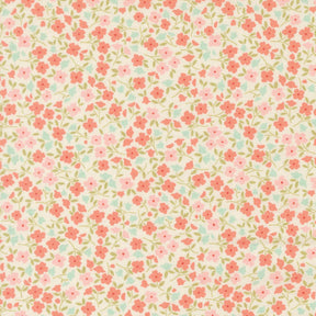 a repeating pattern of pink and green flowers on a light beige background.