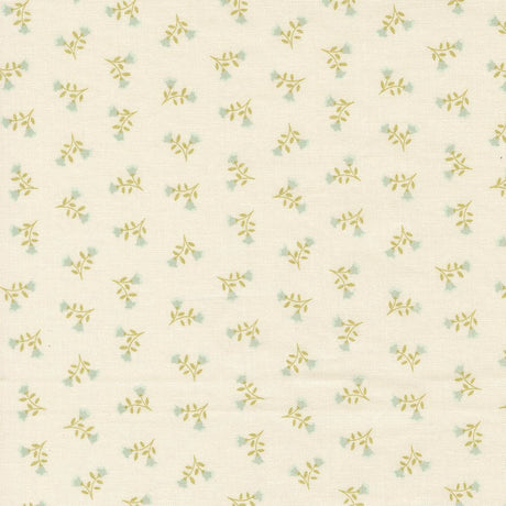 a repeating pattern of small green flowers on a light beige background.