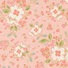 a repeating pattern of pink flowers with green leaves against a pink background.