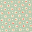 a repeating pattern of circular floral designs on a light green background, with white polka dots scattered throughout.