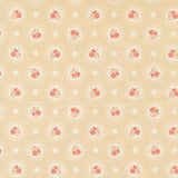 a repeating pattern of circular floral designs on a beige background, with small white dots scattered throughout the pattern.