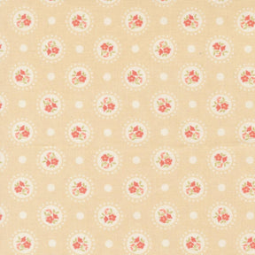 a repeating pattern of circular floral designs on a beige background, with small white dots scattered throughout the pattern.
