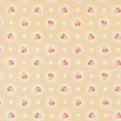 a repeating pattern of circular floral designs on a beige background, with small white dots scattered throughout the pattern.