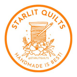 a logo for a company called &quot;Starlit Quilts&quot; that specializes in handmade quilts. The logo includes a spool of thread, a needle, and some flowers, all set within an orange circle. The text &quot;STARLIT QUILTS HANDMADE IS BEST!&quot; is displayed around the circle, emphasizing the company&#39;s focus on handmade quilts.