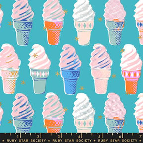 a repeating pattern of colorful ice cream cones against a teal background.