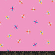 a pattern of colorful crosses on a pink background.