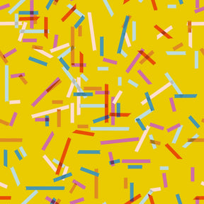 The image is a vibrant and colorful abstract pattern composed of overlapping and intersecting lines and shapes in various bright colors such as yellow, pink, blue, and orange. The pattern appears to be a repeating design, creating a sense of movement