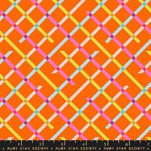 a vibrant, colorful pattern of intersecting lines in various shades of orange, pink, blue, and green.