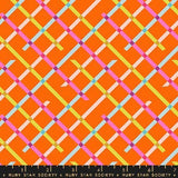 a vibrant, colorful pattern of intersecting lines in various shades of orange, pink, blue, and green.