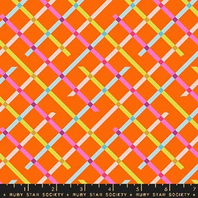 a vibrant, colorful pattern of intersecting lines in various shades of orange, pink, blue, and green.