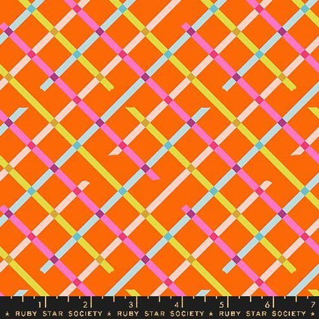 a vibrant, colorful pattern of intersecting lines in various shades of orange, pink, blue, and green.