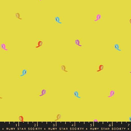 a repeating pattern of colorful tape rolls on a yellow background.