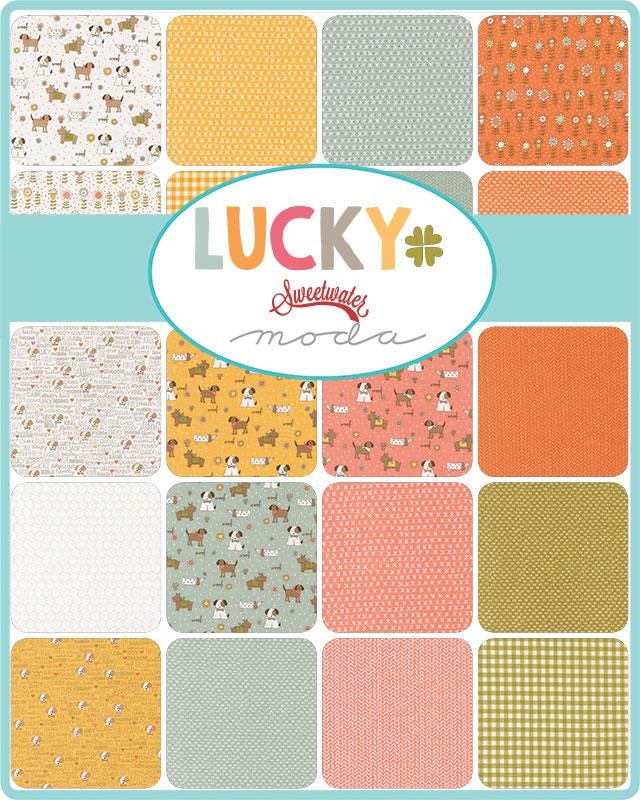 The image is a collage of various fabric patterns and designs, including a central oval with the text "LUCKY Sweetwater moda" written in a stylized font.