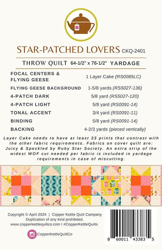 Star-Patched Lovers Quilt Pattern CKQ-2401 By Sarah Sumbera For Copper Kettle Quilt Company Throw 64.5" x 76.5"