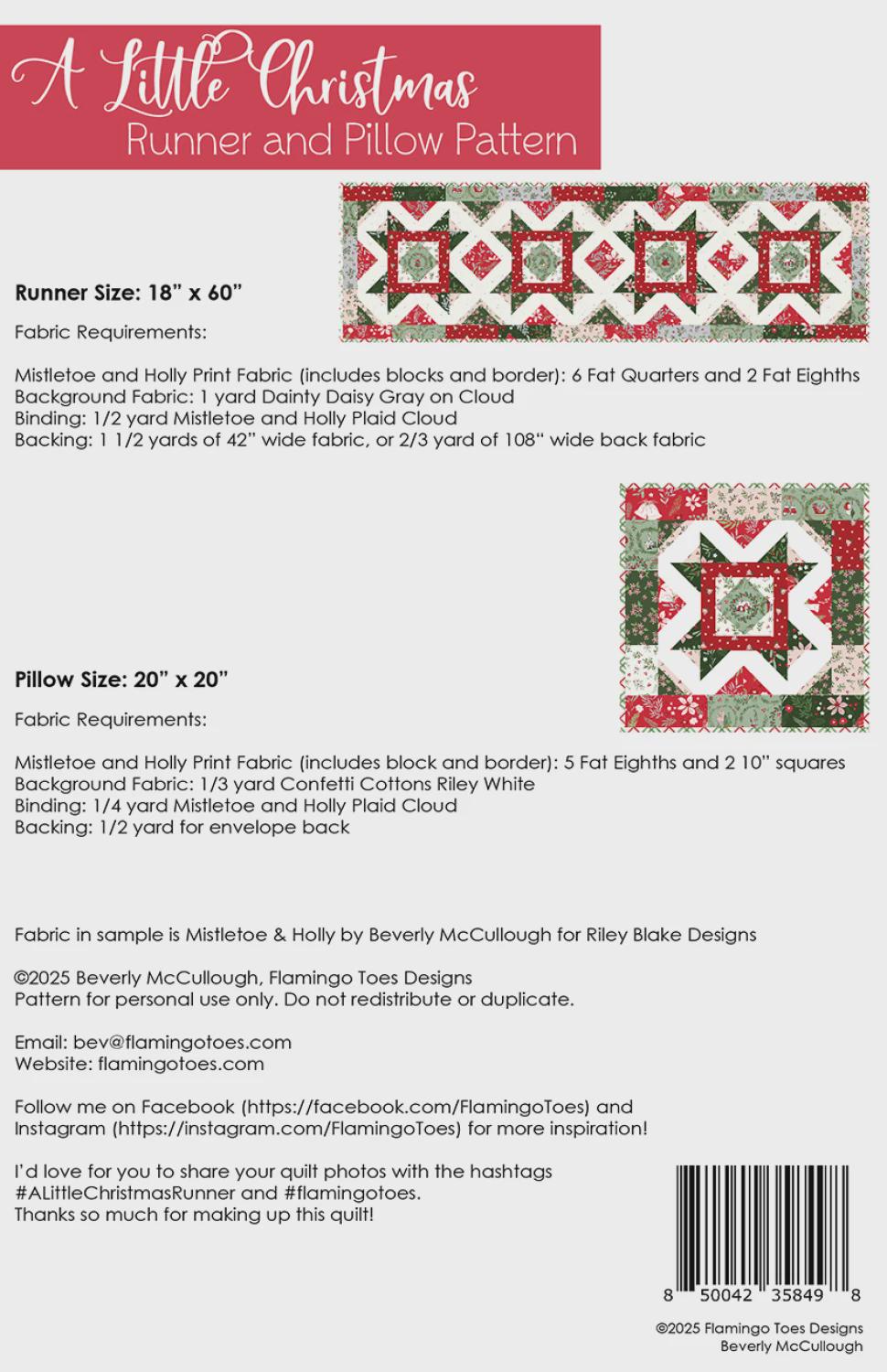 A Little Christmas Runner and Pillow Pattern # FT-8498 By Beverly McCullough for Flamingo Toes