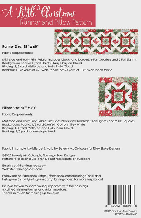 A Little Christmas Runner and Pillow Pattern # FT-8498 By Beverly McCullough for Flamingo Toes