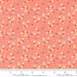 The image is a fabric with a floral pattern in shades of pink and orange. The pattern consists of small flowers and leaves scattered across the fabric, creating a vibrant and colorful design.
