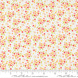 The image is a fabric with a floral pattern, featuring small red, yellow, and green flowers scattered across a white background.