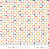 The image is a fabric with a repeating pattern of small flowers in various colors, including red, yellow, green, blue, and orange. The pattern is arranged in a diagonal direction, creating a visually appealing and vibrant design.