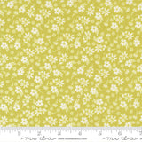 a fabric with a repeating pattern of white flowers on a yellow background. The fabric appears to be a fabric with a floral print, and it is displayed on a ruler for size reference.