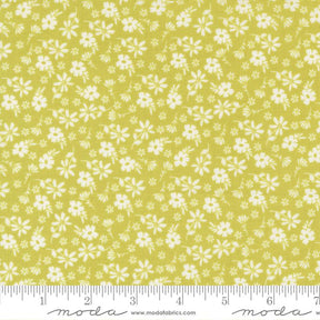 a fabric with a repeating pattern of white flowers on a yellow background. The fabric appears to be a fabric with a floral print, and it is displayed on a ruler for size reference.