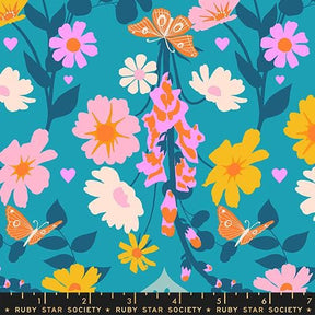 The image is a vibrant and colorful floral pattern featuring various flowers, butterflies, and leaves in shades of pink, orange, yellow, and blue.