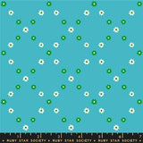 The image is a collage of various images, including a blue background with white and green flowers scattered across it.