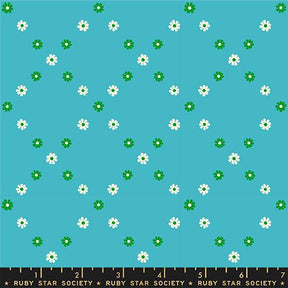 The image is a collage of various images, including a blue background with white and green flowers scattered across it.