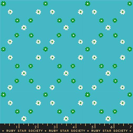 The image is a collage of various images, including a blue background with white and green flowers scattered across it.